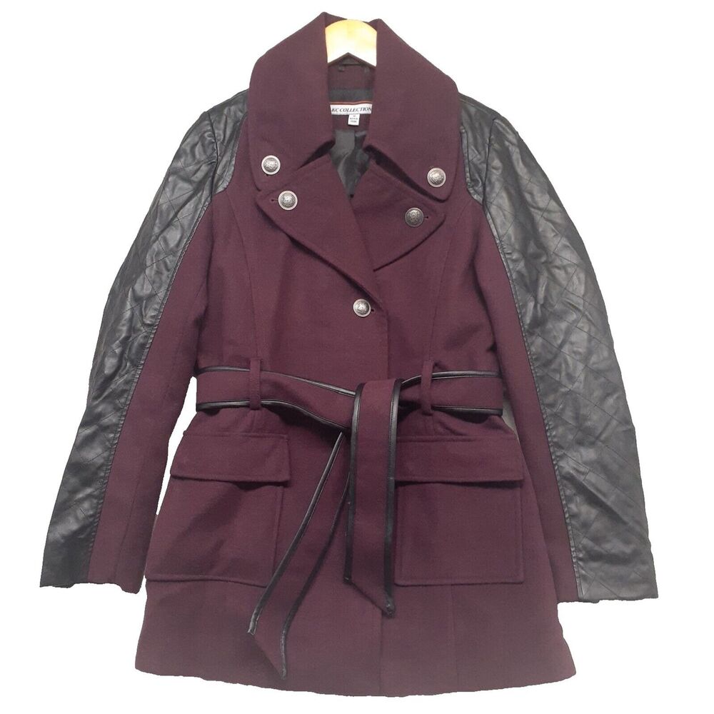 KC Collections Womens Size M Plum Purple Black Faux Leather Quilted Sleeve Coat